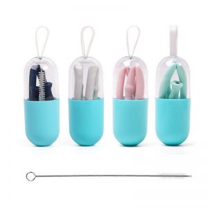 Reusable Collapsible Silicone Straw With Case